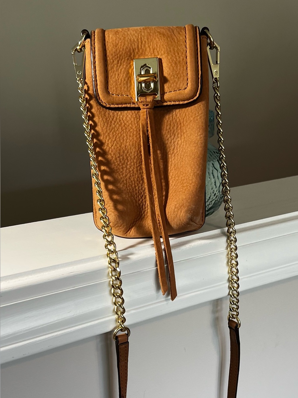 Rebecca Minkoff Cognac Leather Crossbody Phone Pouch with Gold Chain
